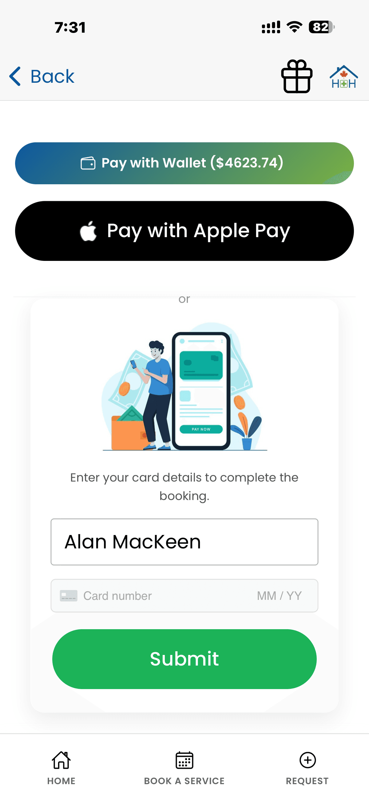 Pay for services screen