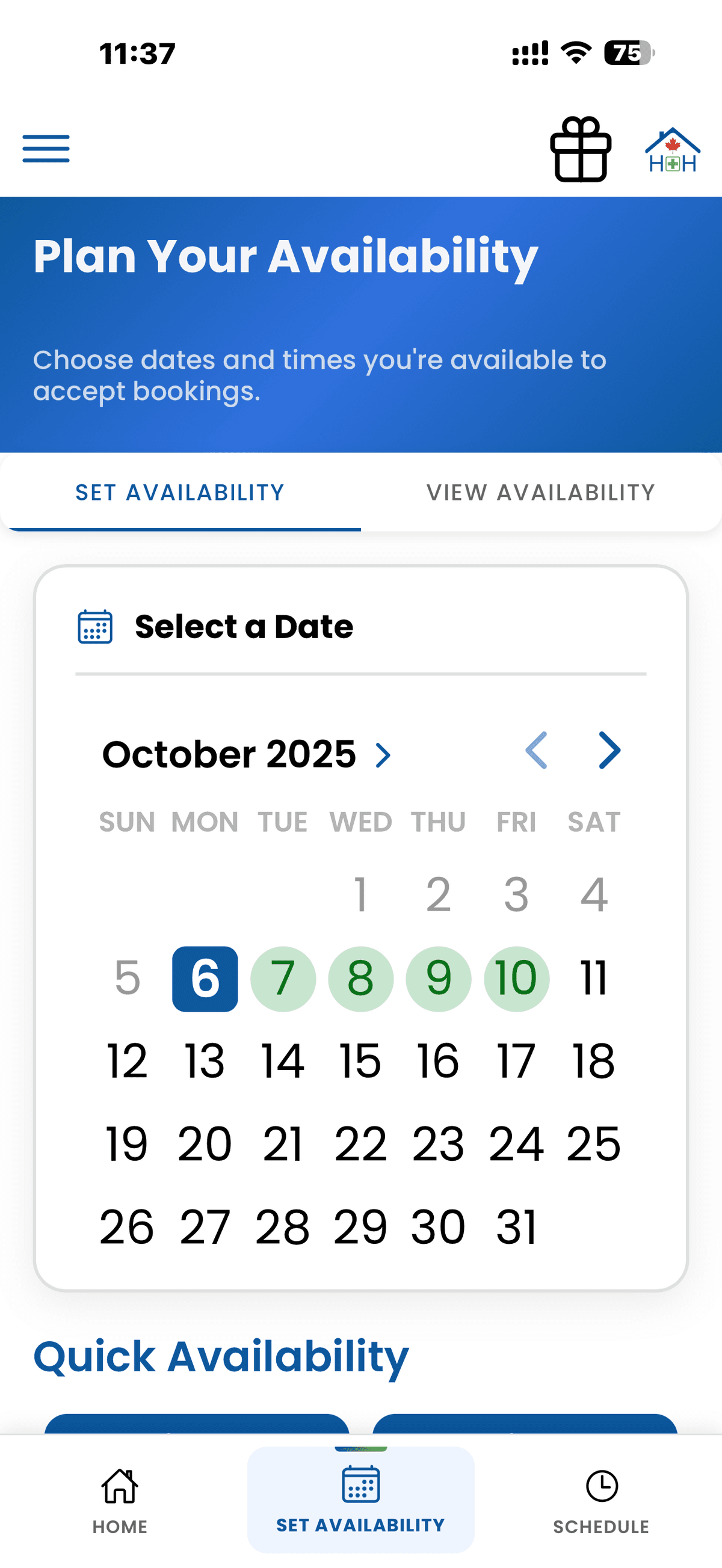 Schedule services screen